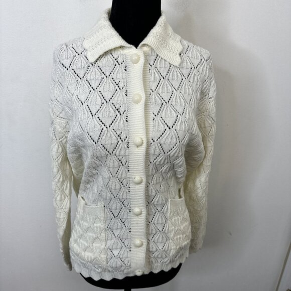 Vintage Woodwards Woman L Acrylic 70s Cardigan Sweater Knit White - Picture 1 of 6